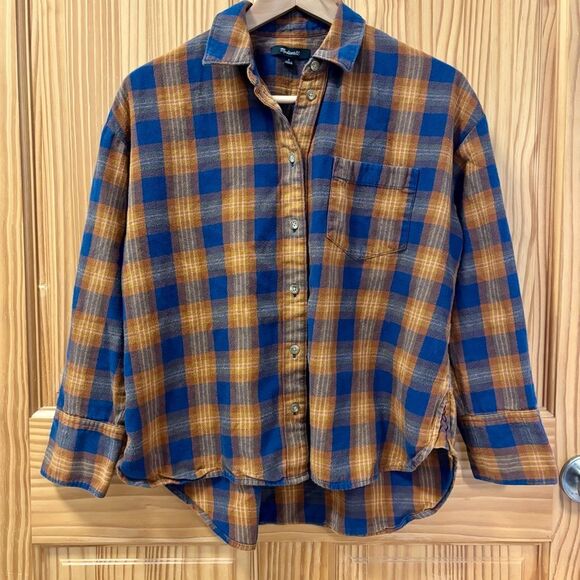 Madewell Blue, Rust, and Brown Oversized Plaid Flannel Shirt Jacket Shacket - Picture 1 of 3